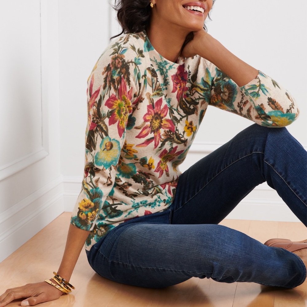 Talbots Cashmere Audrey Splendid Floral Sweater Cream Pink Blue Yellow Small